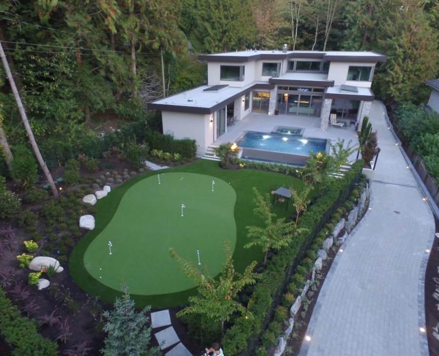 overhead shot of home and installed turf
